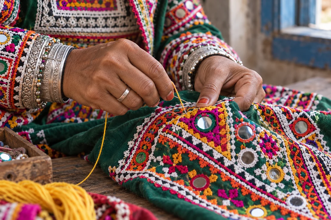 Illustrative close-up of Kutchi embroidery and mirror-work