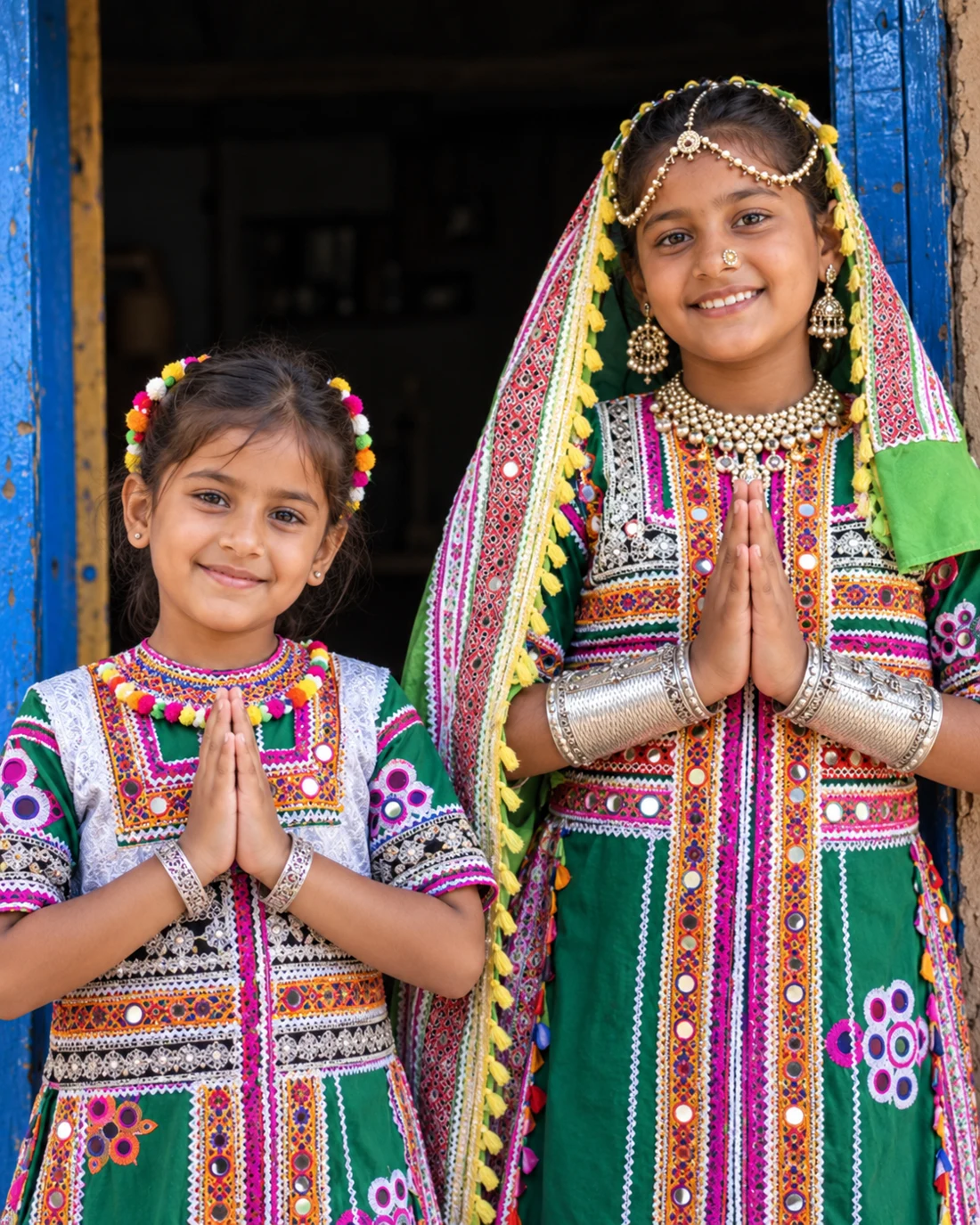 Illustrative portrait of two children in traditional Kutchi dress offering a welcome