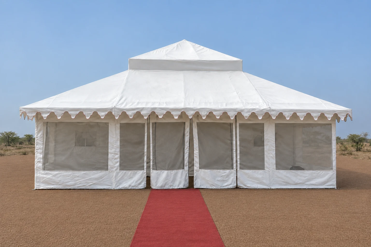 The full white Namak tent exterior, including its tiered roof and entrance