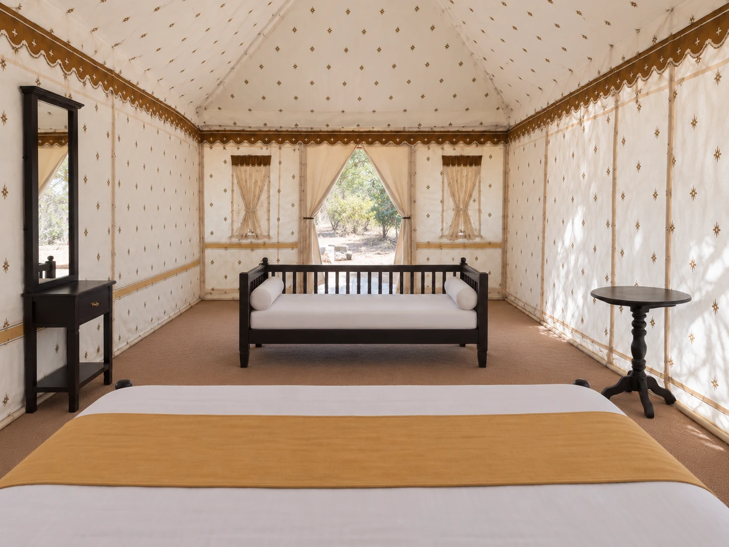 Timber sofa at the opposite end of the bedroom